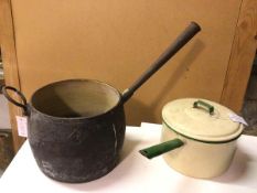 A vintage enamelled pan, bears stamp to handle, Judge ware, with green trim (18cm x 45cm x 24cm) and