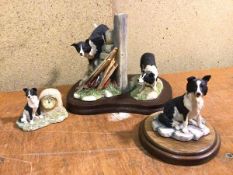 Three resin sculptures of Border Collies, smallest with clock, marked Border Fine Arts to base (