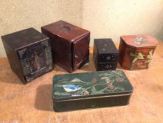 A group of Japanese decorated boxes, including a Carr & Co. tin biscuit box with bird before Mount