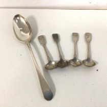An Edinburgh silver table spoon (23cm) and four 19thc London silver condiment spoons (112g)