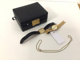 Two gentleman's wristwatches, one Rotary, the other Sarelle and a silver gilt bead necklace marked