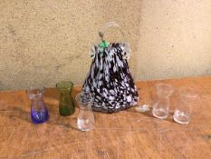 A Laguna glass handbag (22cm x 17cm), and five shot glasses (a lot)