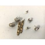 A collection of earrings including two drop earrings, both marked 9k (4cm) (combined: 3.63g) and