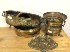 A collection of brassware including an inkstand, a footed cachepot (25cm), a brass bowl, two