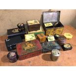 A group of vintage boxes, including tin sweet boxes, tourist boxes, jewellery box, circular