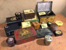 A group of vintage boxes, including tin sweet boxes, tourist boxes, jewellery box, circular