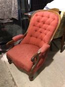 A Victorian library chair with arched back above an upholstered and button back, with padded arms