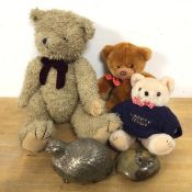 A mixed lot including three teddy bears, one with a Channel Islands label, another with jumper