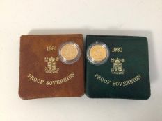 Two sovereigns, 1980 and 1981, with original boxes