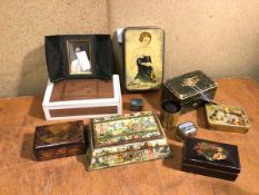 A mixed lot of boxes including vintage Cocoa tin, a chinoiserie hinged box, a jewellery box,