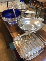 A collection of Epns including two footed bowls with swing handles, one with blue