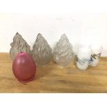 A set of three flame glass shades (each 18cm) and a cranberry etched glass shade, a further set of