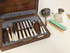 A mixed lot including an Edwardian cut glass scent bottle with silver and tortoiseshell top and a