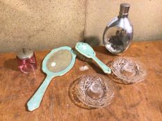 A mixed lot including two cut glass candleholders, a mid 20thc hand mirror and matching hairbrush, a