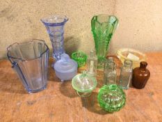A mixed lot of glass including three vases, one in an Art Deco style (16cm x 16cm), medicine and