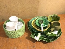 A group of majolica, some stamped made in Portugal, including a cabbage leaf serving dish (38cm x