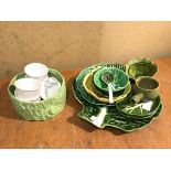 A group of majolica, some stamped made in Portugal, including a cabbage leaf serving dish (38cm x