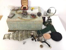 A mixed lot of jewellery including polished stone brooches, lady's wristwatches, belt, bracelet,