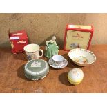 A mixed lot including a Bunnykins mug and bowl with original boxes, Royal Doulton figure, Fair