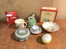 A mixed lot including a Bunnykins mug and bowl with original boxes, Royal Doulton figure, Fair