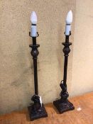 A pair of metal imitation wood Regency inspired table lamps (each: 57cm to top of lampholder)