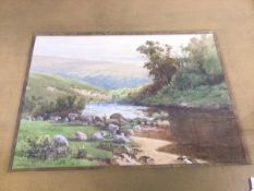 Scottish school, Valley with River and Sheep, watercolour, signed bottom left (20cm x 27cm)