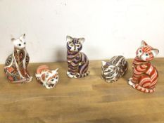 A group of five Royal Crown Derby cat figures, including Spice (largest: 13cm)