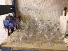 Assorted stemware including six coloured cut glass wine glasses (each: 19cm), five cocktail glasses,
