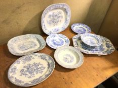 A group of blue and white china, including four ashets (largest: 43cm x 32cm), two plates, footed