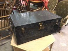 An early 20thc metal travelling case, with black painted exterior and blue painted interior, drop