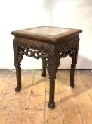 A Chinese rosewood jardiniere stand of square form, late 19th century, the top inset with a breche