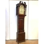 A George III oak longcase clock, early 19th century, the hood with swan-neck pediment and plain