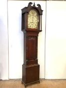 A George III oak longcase clock, early 19th century, the hood with swan-neck pediment and plain