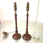 A pair of George III style brass-mounted mahogany candlesticks, c. 1900, fitted as table lamps, each