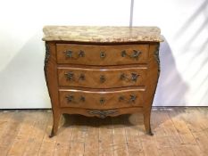 A marble-topped kingwood commode in the Louis XV style, 20th century, of serpentine outline the