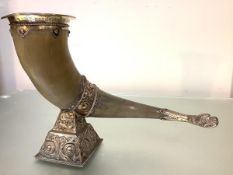 A Norwegian silver-mounted cow horn, c. 1900, lined for drinking, 830 standard, by Henrik Moller,