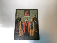 Russian School, 19th Century, Five Saints, an icon, oil on panel. 17.25cm by 13cm. Provenance: The