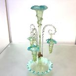 A large late 19th century vaseline and turquoise glass epergne, the crimped bowl with shaded