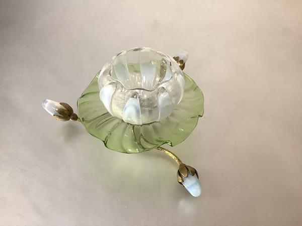 A rare John Walsh Walsh Art Nouveau glass Water Lily posy holder, early 20th century, the gilt-metal