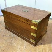 A military brass-bound oak travelling or silver chest, 19th century, the hinged top with brass