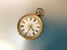 A Swiss lady's 18ct gold keyless wind fob watch, c. 1900, the gilt-highlighted white enamel dial