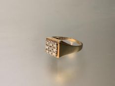 A gentleman's 9ct gold diamond cluster ring, the square plaque set with nine round brilliants on a