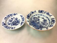 An 18th century blue and white Delft bowl, probably Dutch, with broad lip, the interior painted with