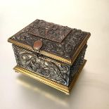 A French electrotype bronzed and yellow metal jewellery casket, late 19th century, stamped with