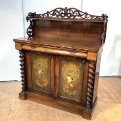 A Victorian rosewood chiffonier, the floral fret-carved raised back with open shelf over a