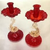 A pair of Venetian Murano glass candlesticks, 20th century, in the manner of Salviati, each in