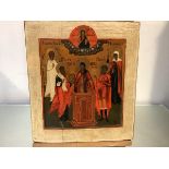 Russian School, 19th Century, A Prelate Flanked by Four Saints, an icon, oil on panel. 35cm by 31cm.