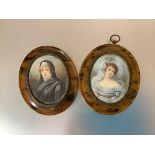 A pair of portrait miniatures, early 20th century, each in an oval tortoiseshell frame, one