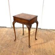 A Queen Anne style jewellery box on stand, c. 1920, the half-sawn and crossbanded veneered hinged