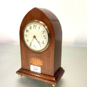 An inlaid mahogany mantel clock, early 20th century, the lancet case inlaid with an oval patera,